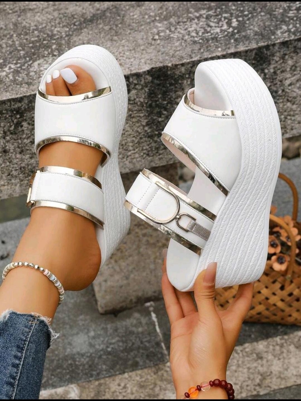 White Platform Slide Sandals with Metallic Accent Strap